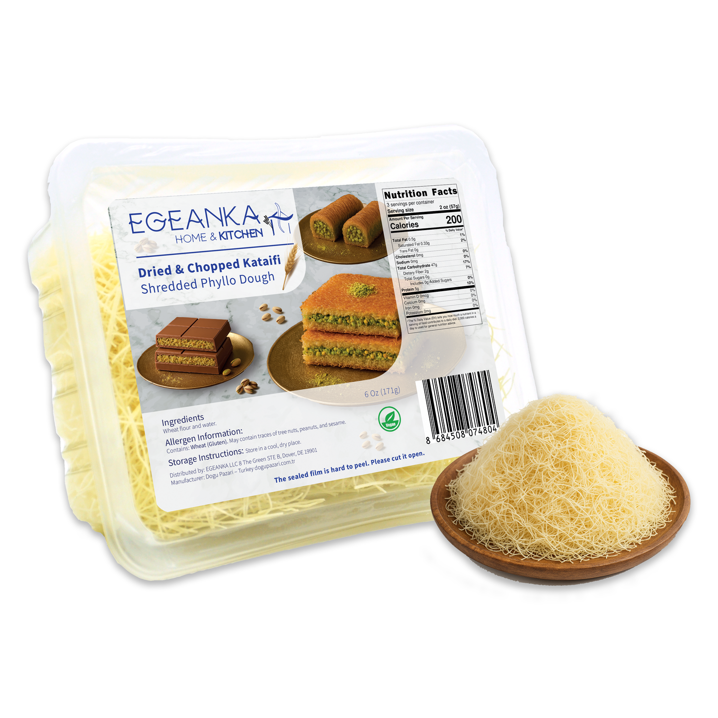 Egeanka Kataifi Shredded Phyllo Dough for Kunafa, Dubai Chocolate, and Desserts, Vegan & Halal, No Preservatives, Dried & Cooked Options - 6 Oz (Dried)