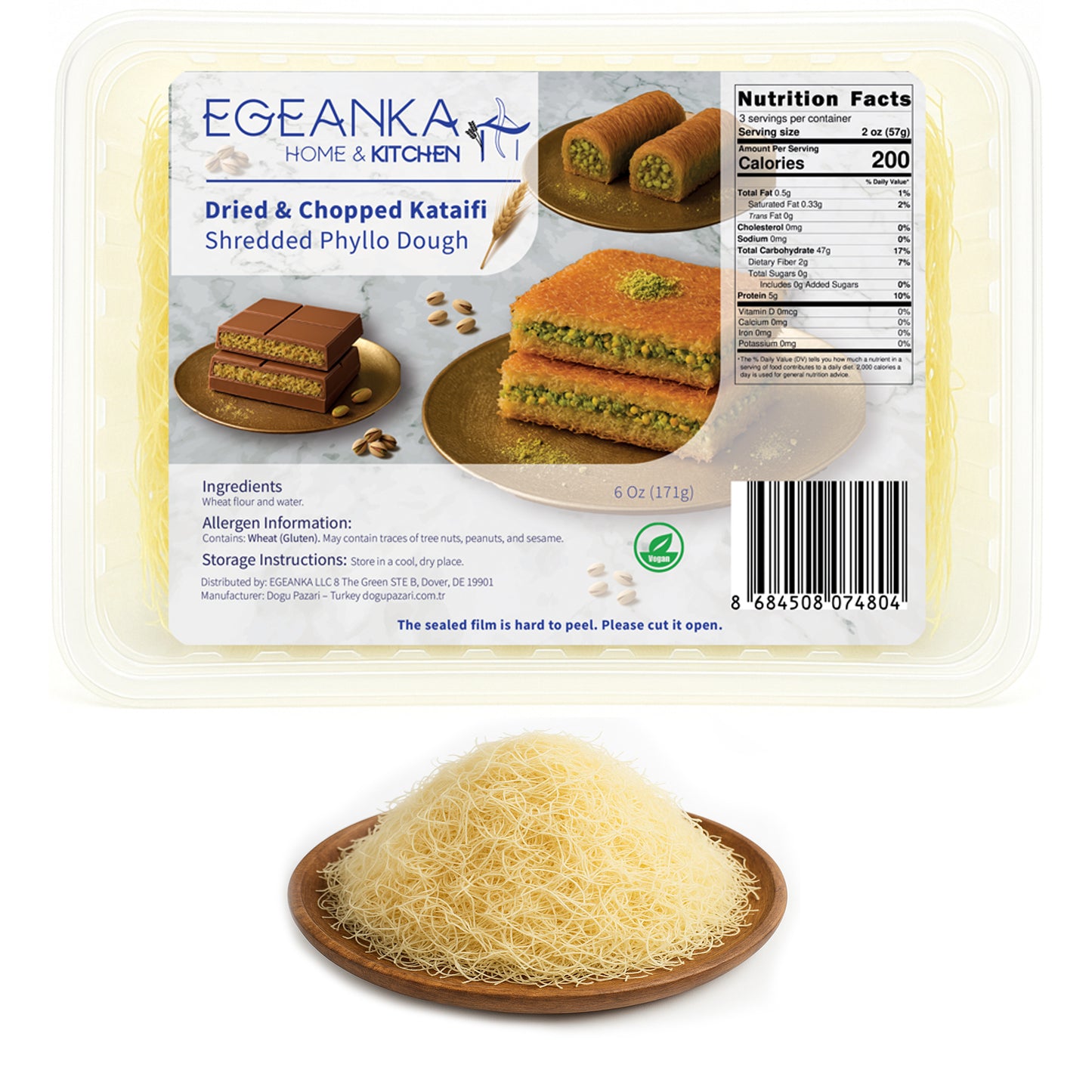 Egeanka Kataifi Shredded Phyllo Dough for Kunafa, Dubai Chocolate, and Desserts, Vegan & Halal, No Preservatives, Dried & Cooked Options - 6 Oz (Dried)